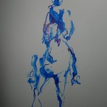 Blue ink horse drawn with a banana dipped in ink