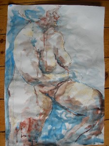 Female nude sitting turning pastel ink