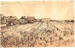 Vincent-van=Gogh_1888_pencil_reed_pen_and_brown_ink_on_laid_paper_View-of-Saintes-Maries-with-Cemetery
